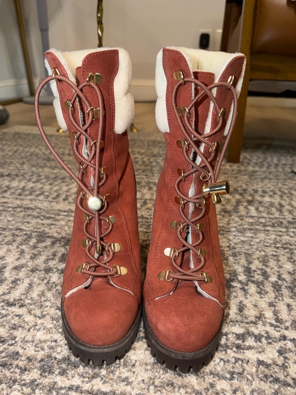 Stuart Whitman Suede Faux Fur Trim Lace-up Boots